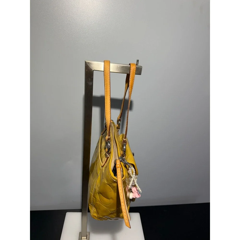 Coach Yellow Embossed Patent Leather Satchel Handbag F14729 with Charm